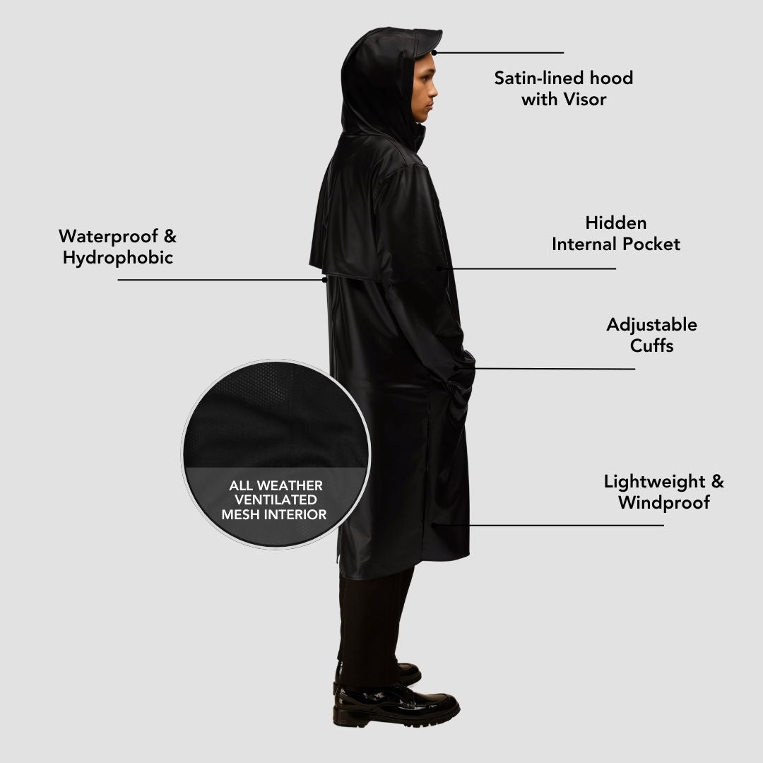 Hairbrella Satin-Lined, Waterproof, Men Long Rain Jacket